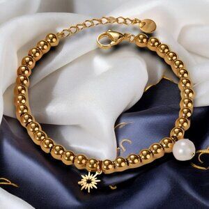 🆕️18K Gold Plated Stainless Steel Beaded Bracelet with Sun & Pearl Charms ✨